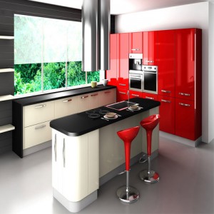 Modern-kitchen-furniture-with-red-cabinets-and-black-white-island1