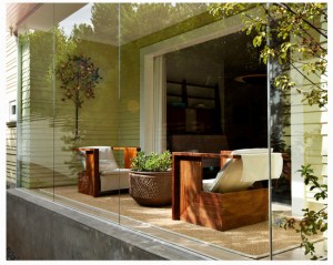 Outstanding-House-Exterior-Design-with-Contemporary-Screened-Porch-Use-Glass-Wall-Decorated-with-Wooden-Upholstered-Armchair