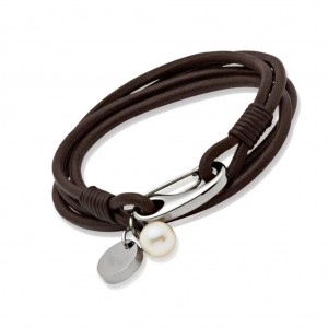 womans-dark-brown-leather-bracelet-pearl--steel-clasp--new1811