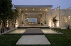 Great-Example-of-Ultra-Modern-Home-Architecture-with-large-garden-walkways-from-cement-also-green-grass-and-small-pool-also-ceiling-lighting