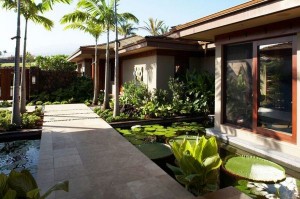 Tropical-landscape-with-a-koi-pond-and-a-broad-walkway
