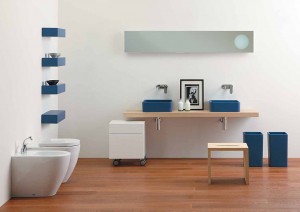 astounding-modern-minimalist-bathroom-design-ideas-also-blue-shelves-with-vessel-sink-and-vanities-wood-table-plus-wall-mount-bidet-as-well-as-toilet-also-small-mirror-laminate-flooring