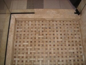 Maya Mosaic shower floor_ Durango stone curb