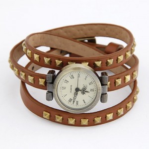 square-rivets-embedded-brown-leather-bracelet-watch